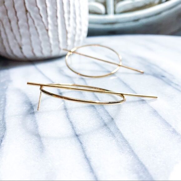 Gold Geometric Earrings Circle Hoops Minimalist Statement - Picture 4 of 5